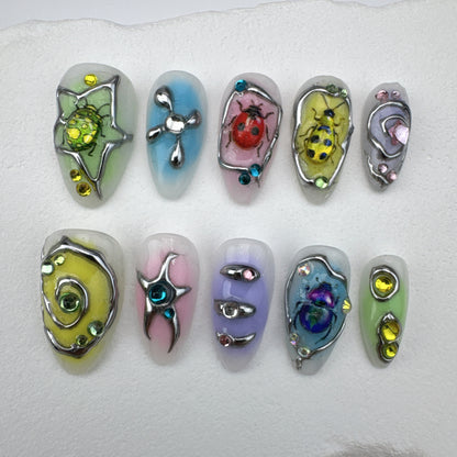 Handmade nails/custom press on nails/party press on nails/Flakes for nails/Beautiful nails gift/nail art/Long nails/Almond nails-15