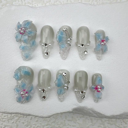 3D flower nails/custom press on nails/party press on nails/Flakes for nails/Beautiful nails gift/nail art/Long nails/Almond nails-14