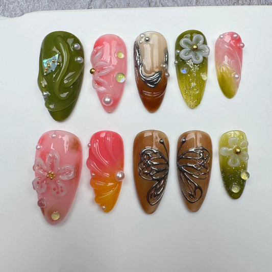 3D Nails/custom press on nails/party press on nails/Flakes for nails/wedding nails gift/Japanese nails/Long nails/Almond nails