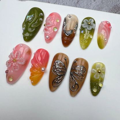3D Nails/custom press on nails/party press on nails/Flakes for nails/wedding nails gift/Japanese nails/Long nails/Almond nails
