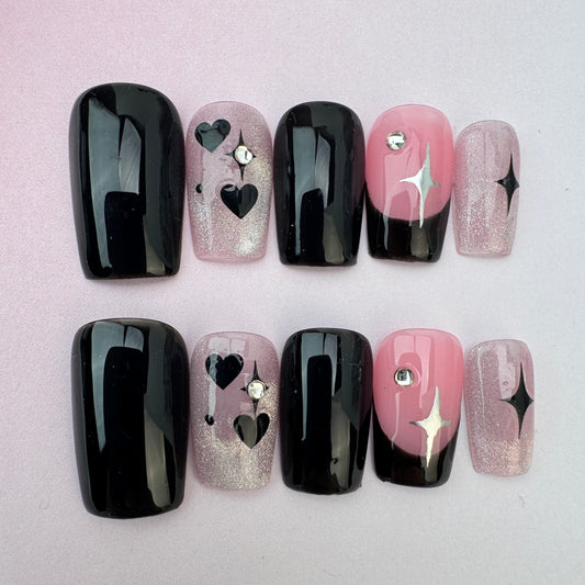 3D nature Nails/custom press on nails/party press on nails/Flakes for nails/special nails gift/nature/black and pink nails/Almond nails