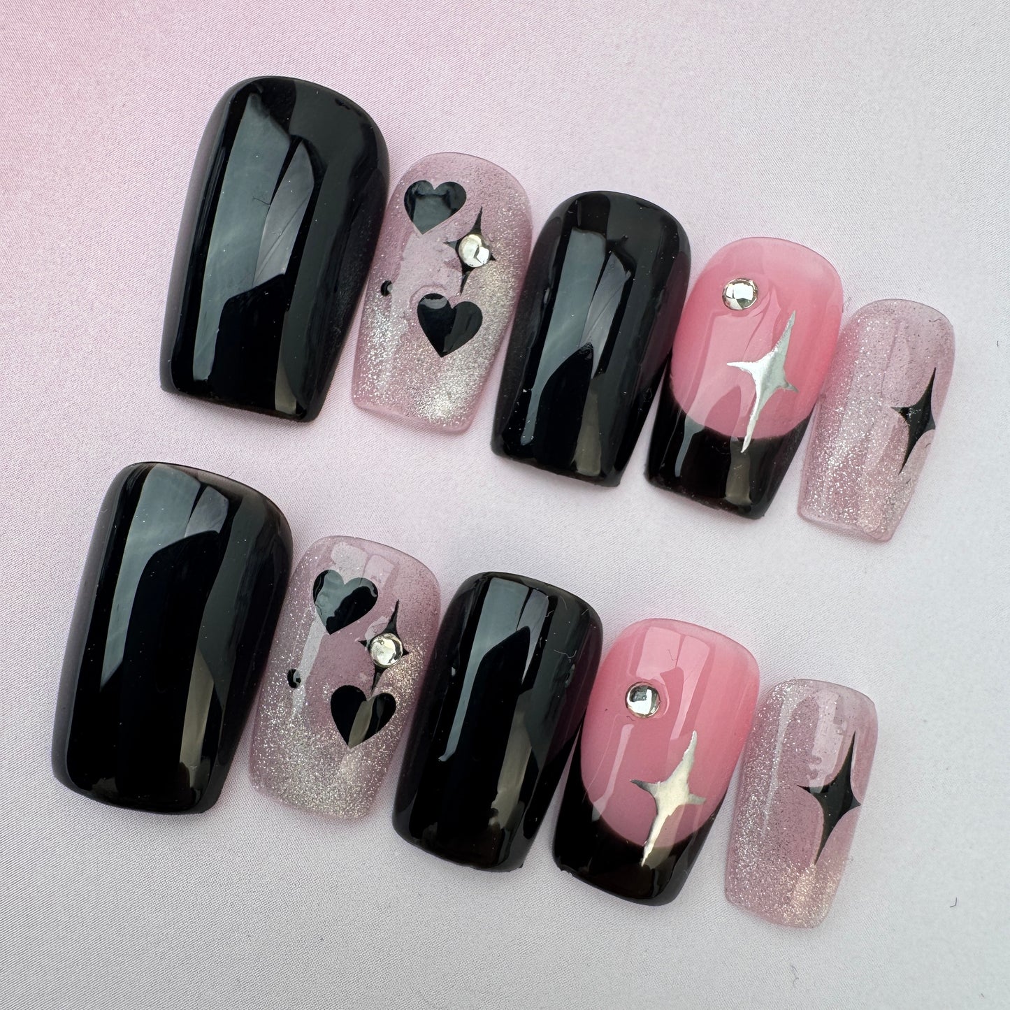 3D nature Nails/custom press on nails/party press on nails/Flakes for nails/special nails gift/nature/black and pink nails/Almond nails