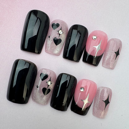 3D nature Nails/custom press on nails/party press on nails/Flakes for nails/special nails gift/nature/black and pink nails/Almond nails