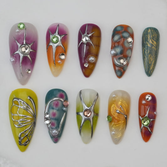 Handmade nails/custom press on nails/party press on nails/Flakes for nails/Beautiful nails gift/nail art/Long nails/Almond nails