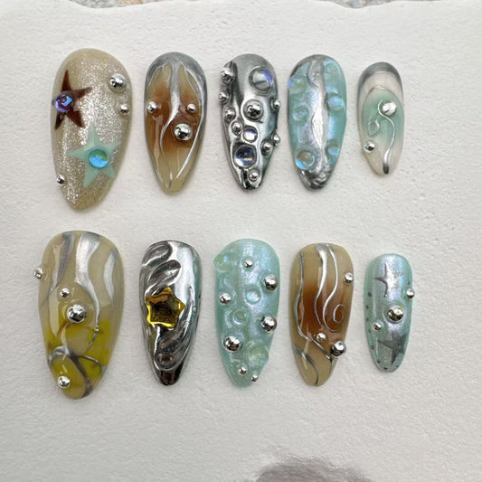 3D Handmade Nails/custom press on nails/party press on nails/Flakes for nails/Beautiful nails gift/nail art/Long nails/Almond nails
